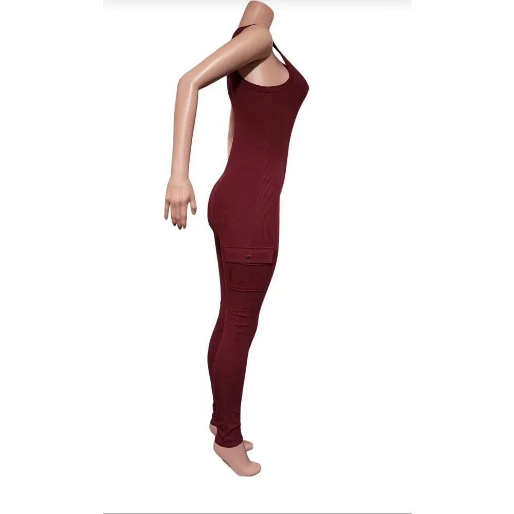 Asa women's crew neck sleeveless ribbed button-up burgundy jumpsuit knit bodyco